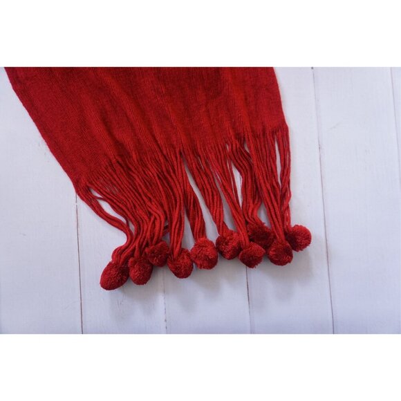 Red Winter Scarf with Pom Pom Tassels - Picture 3 of 5